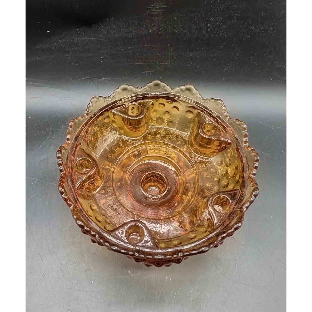 Vintage Amber Fenton Glass Hobnail Console Bowl Scalloped Edge 6 Candle Holder